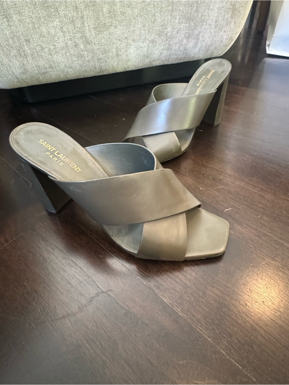 Saint Laurent Green Leather Crisscross Block Heel Mules